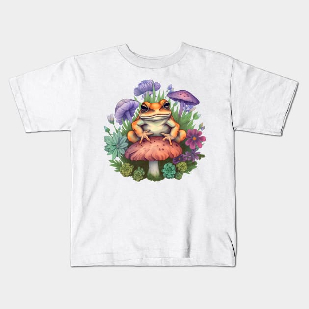 Cute Cottagecore Aesthetic Frog Mushroom Kids T-Shirt by BaliChili